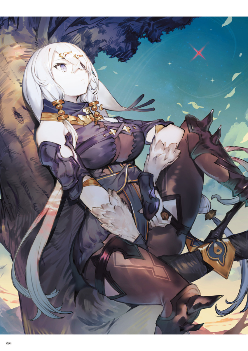1girl atelier_(series) atelier_ryza blue_eyes bodysuit breasts fur grey_hair hair_ornament heterochromia highres impossible_bodysuit impossible_clothes in_tree large_breasts lila_decyrus long_hair looking_at_viewer outdoors red_eyes shooting_star sitting sitting_in_tree sky solo toridamono tree twintails white_skin