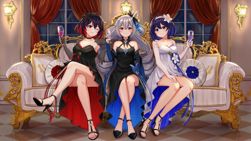 ;) aircell barefoot black_dress blue_eyes blue_hair bronya_zaychik collarbone couch dress eyebrows_visible_through_hair grey_eyes grey_hair highres honkai_(series) honkai_impact_3rd indoors looking_at_viewer multicolored_hair one_eye_closed red_eyes redhead seele_vollerei smile tagme two-tone_hair white_dress