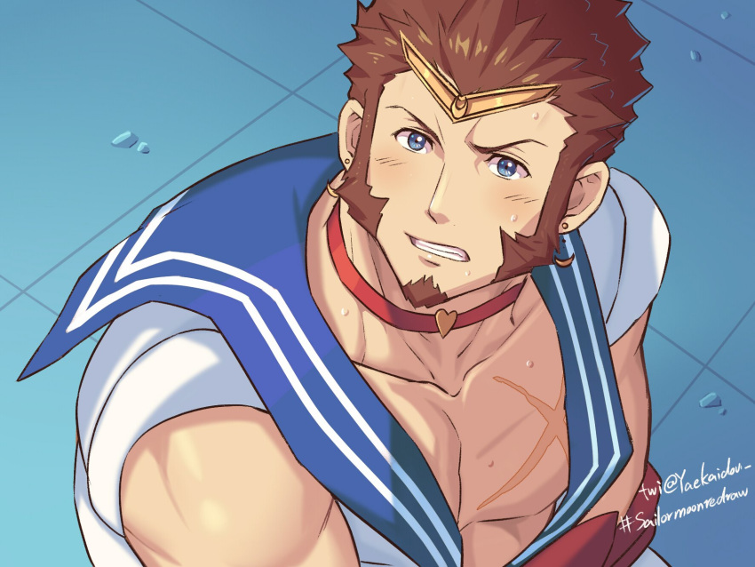 1boy bara beard bishoujo_senshi_sailor_moon blue_eyes blue_sailor_collar blush brown_hair chest choker crossdressinging derivative_work earrings facial_hair fate/grand_order fate_(series) goatee highres jewelry looking_at_viewer male_focus meme muscle napoleon_bonaparte_(fate/grand_order) open_clothes pectorals red_choker red_earrings revealing_clothes sailor_collar sailor_moon_redraw_challenge scar screencap_redraw sideburns simple_background sitting solo sparkling_eyes sweatdrop tiara yaosan233