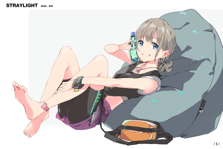 1girl bangs barefoot bike_shorts black_shorts blue_eyes blue_nails bottle bottle_to_cheek commentary_request cushion earrings fanny_pack grey_hair grin halterneck highres holding holding_bottle idolmaster idolmaster_shiny_colors jewelry knees_up leg_grab looking_at_viewer lying nail_polish on_back ponytail purple_shorts ramune ring serizawa_asahi short_hair short_ponytail shorts shorts_under_shorts smile soles solo wristband yoshito