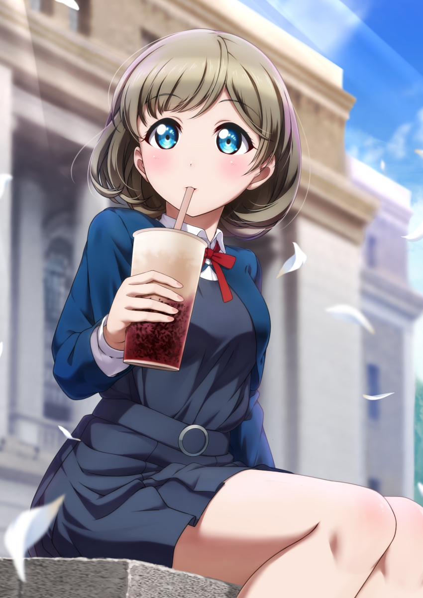 1girl bangs blue_eyes blue_jacket blue_sky blush bow bowtie building clouds collared_shirt cropped_jacket cup dress drink drinking drinking_straw eyebrows_visible_through_hair grey_dress grey_hair hello!!!_love_live! highres jacket long_sleeves love_live! milk_tea outdoors petals red_neckwear school_uniform shiimai shirt sitting sky solo sunlight tang_keke