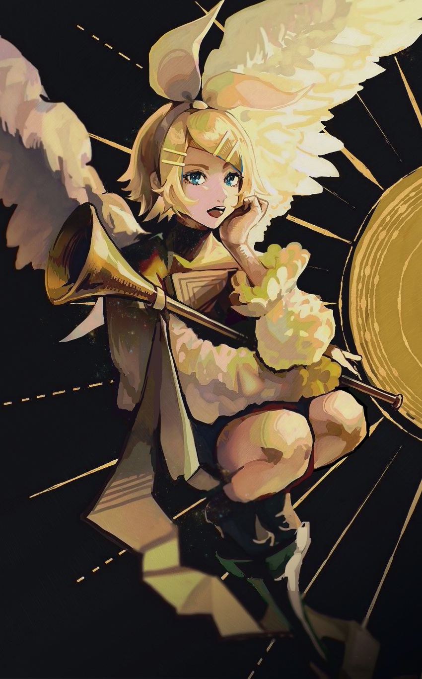 1girl absurdres angel_wings bangs black_background black_shorts blonde_hair blue_eyes bow cheek_rest commentary expressionless hair_bow hair_ornament hairclip highres holding holding_instrument instrument kagamine_rin long_sleeves looking_at_viewer nunosei open_mouth short_hair shorts solo squatting sun swept_bangs trumpet vocaloid white_bow wings