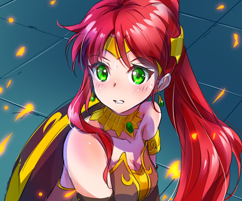 1girl armlet bishoujo_senshi_sailor_moon buckler derivative_work fire forehead_protector green_eyes highres iesupa long_hair meme ponytail pyrrha_nikos redhead rwby sailor_moon_redraw_challenge screencap_redraw shield solo