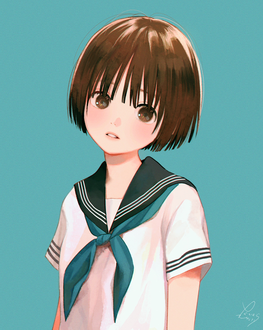 1girl aqua_background aqua_neckwear aqua_sailor_collar artist_name bangs bob_cut brown_eyes brown_hair commentary english_commentary hair_between_eyes hair_strand head_tilt highres long_bangs looking_at_viewer nakamura_hinata neckerchief original parted_lips sailor_collar school_uniform serafuku shirt short_hair short_sleeves signature simple_background solo upper_body white_shirt