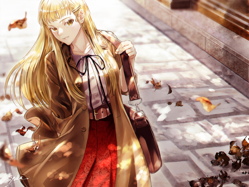 1girl bag bangs black_ribbon blonde_hair brown_bag brown_coat closed_mouth coat day dress_shirt hair_ornament hairclip highres holding holding_bag k_harris leaning_to_the_side long_hair looking_at_viewer neck_ribbon open_clothes open_coat original outdoors pleated_skirt red_skirt ribbon shiny shiny_hair shirt skirt solo standing very_long_hair white_shirt yellow_eyes