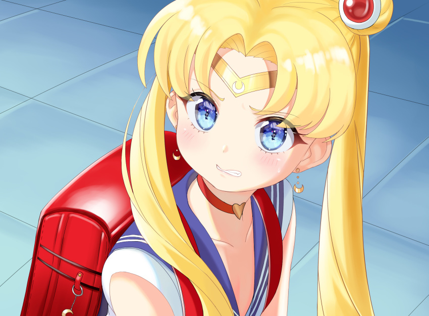 1girl atg_(wttoo0202) backpack bag bishoujo_senshi_sailor_moon blonde_hair blue_eyes blue_sailor_collar blush choker clenched_teeth collarbone crescent crescent_earrings derivative_work diadem earrings flat_chest heart heart_choker highres jewelry long_hair randoseru red_choker sailor_collar sailor_moon sailor_moon_redraw_challenge sailor_senshi sailor_senshi_uniform screencap_redraw solo teeth tsukino_usagi twintails upper_body younger