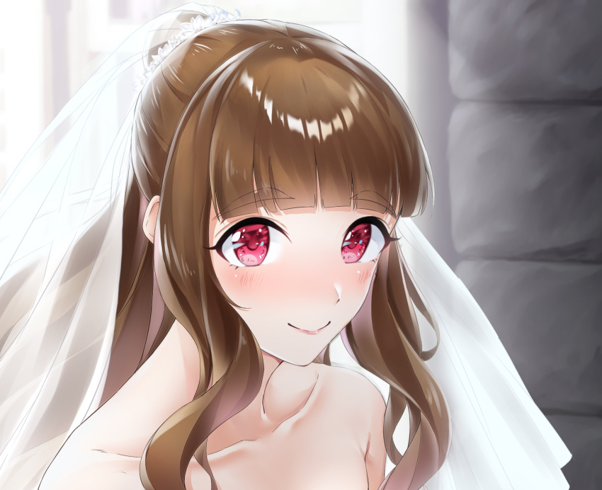 1girl bangs black_hair blunt_bangs blush bridal_veil collarbone commentary_request dress eyebrows_visible_through_hair highres idolmaster idolmaster_cinderella_girls kamiya_nao long_hair ponytail red_eyes smile solo strapless strapless_dress upper_body veil yumemo