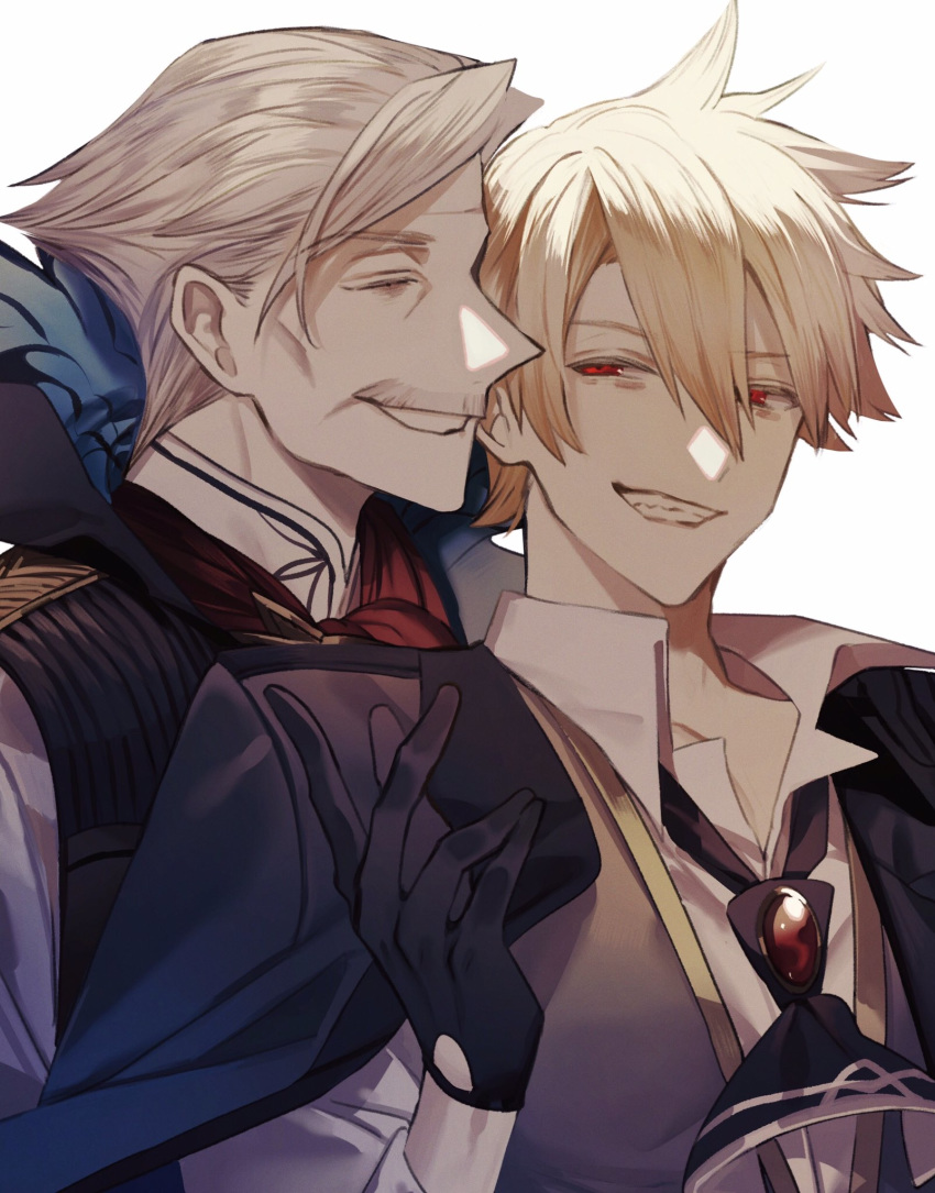 2boys albino_(a1b1n0623) arm_up bangs blonde_hair collarbone collared_shirt eyebrows_visible_through_hair facial_hair fate/grand_order fate/prototype fate/prototype:_fragments_of_blue_and_silver fate_(series) formal gloves gradient_hair grey_hair greyscale hair_between_eyes highres james_moriarty_(fate/grand_order) jekyll_and_hyde_(fate) long_sleeves looking_at_another loose_necktie male_focus monochrome multicolored_hair multiple_boys mustache necktie no_eyewear open_clothes pointy_nose red_eyes shirt smile smirk untied vest white_background white_shirt