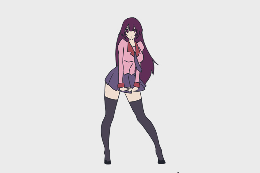1girl :d animated animated_gif arms_up bakemonogatari black_neckwear blazer bouncing_breasts breasts contrapposto dancing full_body grey_background jacket kuso_otoko large_breasts legs_apart long_hair long_sleeves looping_animation me!me!me! monogatari_(series) necktie open_mouth parody pink_jacket pleated_skirt pointing pointing_at_self purple_hair purple_skirt senjougahara_hitagi simple_background skirt smile standing thigh-highs v_arms very_long_hair zettai_ryouiki