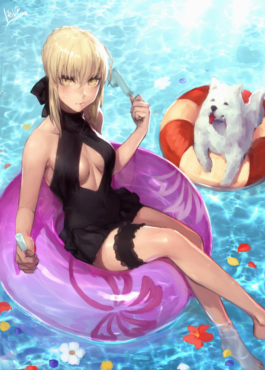 1girl animal_ears artoria_pendragon_(all) artoria_pendragon_(swimsuit_rider_alter) black_ribbon blush breasts cavall_the_2nd cleavage_cutout commentary_request covered_navel crossed_legs dog dog_ears fate/grand_order fate_(series) food garters highres innertube medium_breasts peperon_(peperou) petals popsicle ribbon solo water yellow_eyes