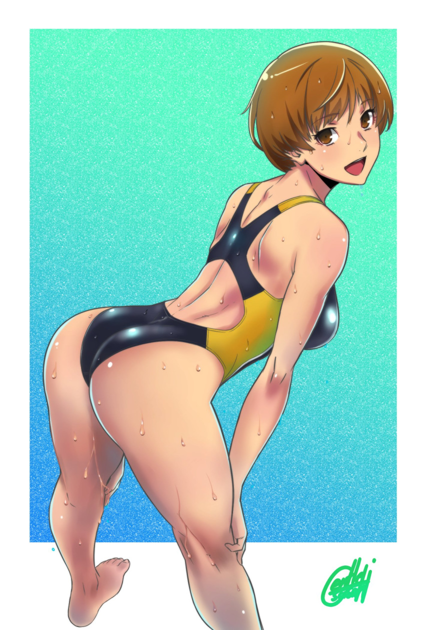 1girl arched_back artist_name ass back backless_outfit bangs black_swimsuit bob_cut breasts brown_eyes brown_hair competition_swimsuit eyebrows_visible_through_hair gentle_sasaki gradient gradient_background green_background highres large_breasts leaning_forward looking_at_viewer looking_back one-piece_swimsuit open_mouth persona persona_4 satonaka_chie shadow short_hair signature smile solo standing swimsuit teeth thighs two-tone_background white_background