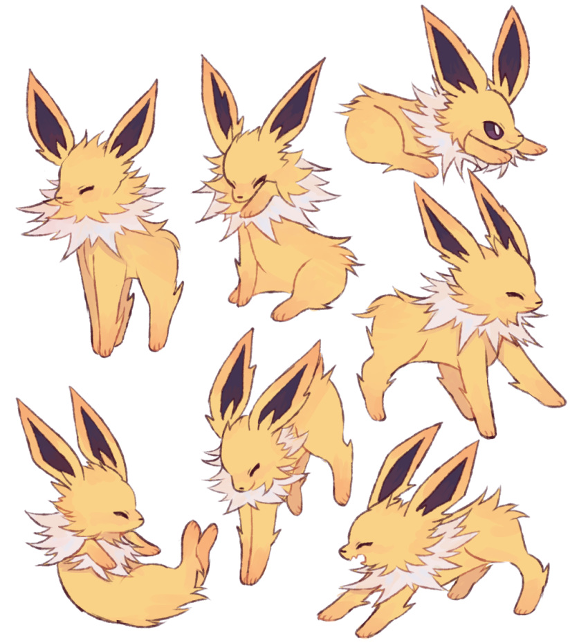 ^_^ charamells closed_eyes commentary creature english_commentary full_body gen_1_pokemon jolteon lying no_humans on_stomach pokemon pokemon_(creature) sitting standing