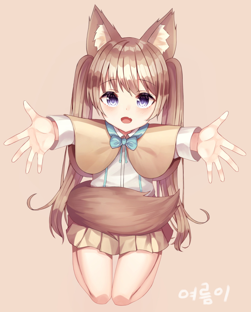 1girl :d animal_ear_fluff animal_ears bangs blue_bow blush bow brown_background brown_capelet brown_hair brown_skirt collared_shirt commentary_request dress_shirt eyebrows_visible_through_hair fang highres korean_commentary korean_text long_hair long_sleeves looking_at_viewer open_mouth original outstretched_arms pleated_skirt shiro_(acad1213) shirt signature simple_background skirt smile solo tail twintails very_long_hair violet_eyes white_shirt