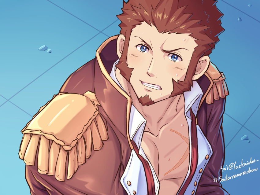 1boy bara beard bishoujo_senshi_sailor_moon blue_eyes blush brown_hair chest collar derivative_work epaulettes facial_hair fate/grand_order fate_(series) fringe_trim goatee highres jacket long_sleeves looking_at_viewer male_focus manly meme military military_uniform muscle napoleon_bonaparte_(fate/grand_order) open_clothes open_jacket open_shirt pectorals sailor_moon_redraw_challenge scar screencap_redraw sideburns simple_background sitting solo sparkling_eyes sweatdrop uniform yaosan233