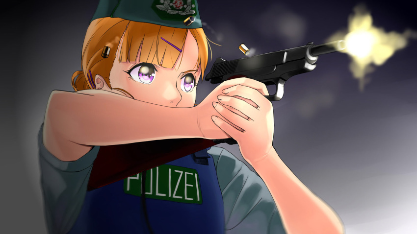 1girl aiming bangs blonde_hair blunt_bangs browning_hi-power bulletproof_vest casing_ejection east_german firing garrison_cap gun hair_bun hair_ornament hairclip handgun hat highres mizuki_(mizuki_ame) original police police_uniform policewoman shell_casing short_hair solo uniform upper_body violet_eyes weapon