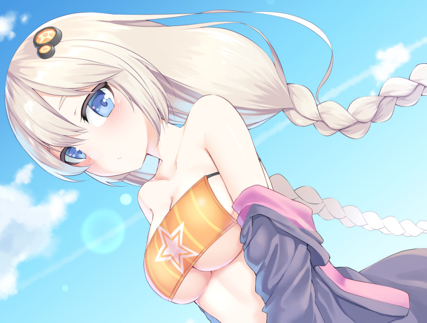 blonde_hair blue_eyes blush braid breasts closed_mouth clouds cloudy_sky dutch_angle hair_ornament hood hoodie kizuna_akari large_breasts lens_flare menbou_(menbow3v) pale_skin sky swimsuit under_boob voiceroid