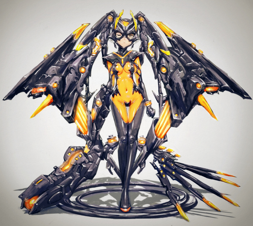 1girl arms_at_sides bodysuit brown_eyes commentary_request expressionless full_body highres looking_at_viewer mask mecha_musume navel one_eye_closed original shiny shiny_clothes simple_background skin_tight solo yumikoyama49