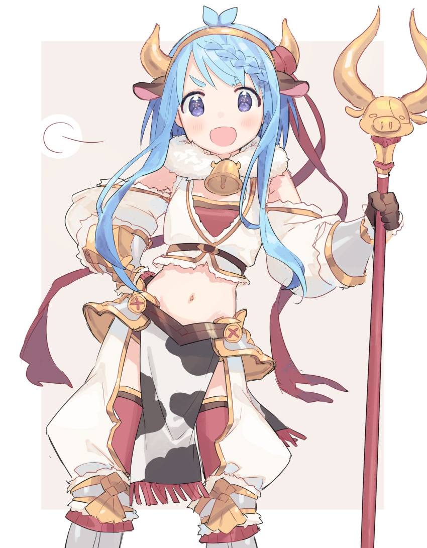 1girl animal_ears animal_print armor bangs bell bell_collar belt blue_eyes blue_hair blush braid braided_bangs chaps collar cow_ears cow_print detached_sleeves hairband hand_on_hip highres holding holding_staff long_hair navel open_mouth original pelvic_curtain puffy_sleeves red_ribbon ribbon sidelocks simple_background solo staff swept_bangs tagme tareme two-tone_background zuho_(vega)