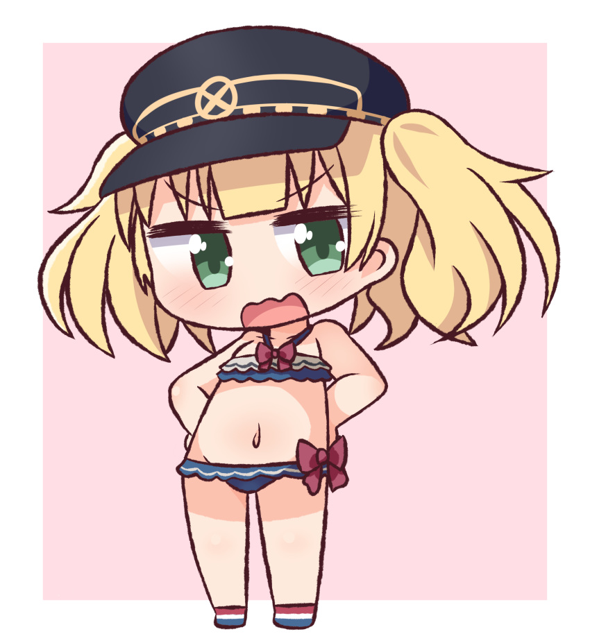 1girl absurdres bangs bare_arms bare_shoulders bikini black_headwear blonde_hair blue_bikini blush bow chibi collarbone commentary_request eyebrows_visible_through_hair full_body green_eyes halter_top halterneck hana_kazari hands_on_hips hat highres looking_at_viewer monika_weisswind navel open_mouth peaked_cap pink_background princess_connect! princess_connect!_re:dive red_bow solo standing swimsuit twintails two-tone_background v-shaped_eyebrows wavy_mouth white_background