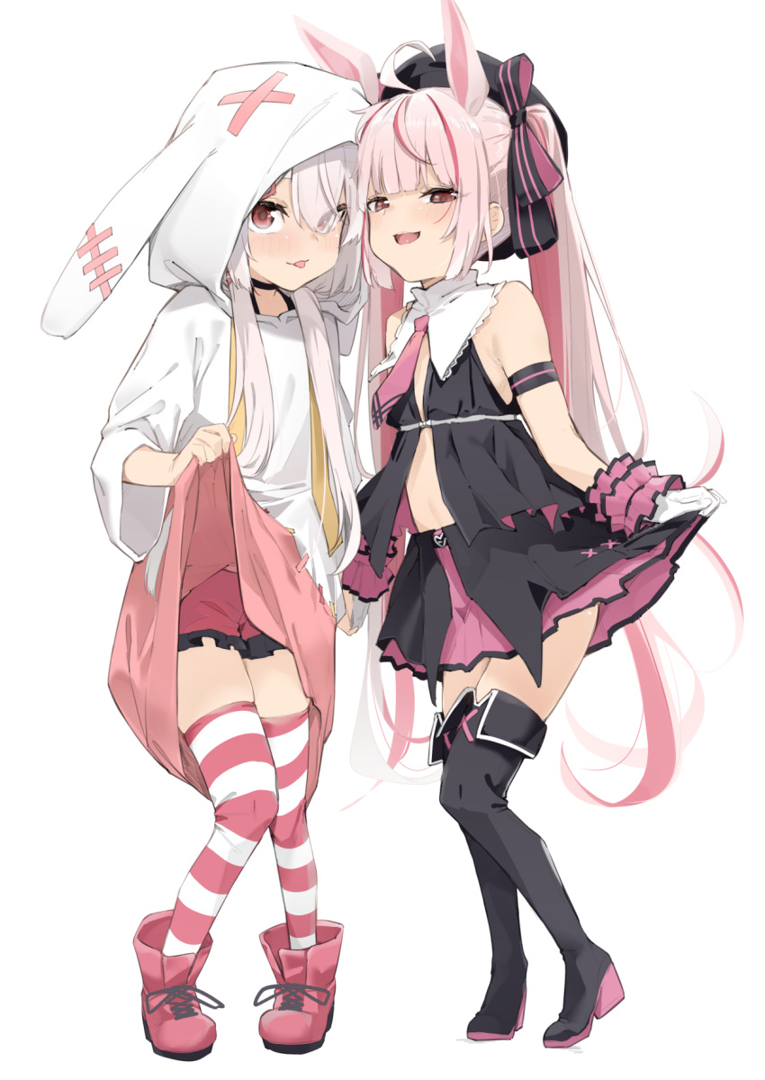 2girls :p ahoge animal_ears black_footwear black_legwear black_shirt boots choker collar dress dress_lift dual_persona face-to-face fake_animal_ears full_body hat highres hood lifted_by_self long_hair low_twintails multiple_girls necktie open_mouth pink_eyes pink_hair rabbit_ears red_footwear red_neckwear red_shorts red_skirt ribbon shirt short_shorts shorts shorts_under_dress simple_background skirt skirt_lift sleeveless sleeveless_shirt smile striped striped_legwear thigh-highs thigh_boots thighs tomari_mari tomari_mari_channel tongue tongue_out twintails uno_ryoku virtual_youtuber white_background white_collar white_dress zettai_ryouiki