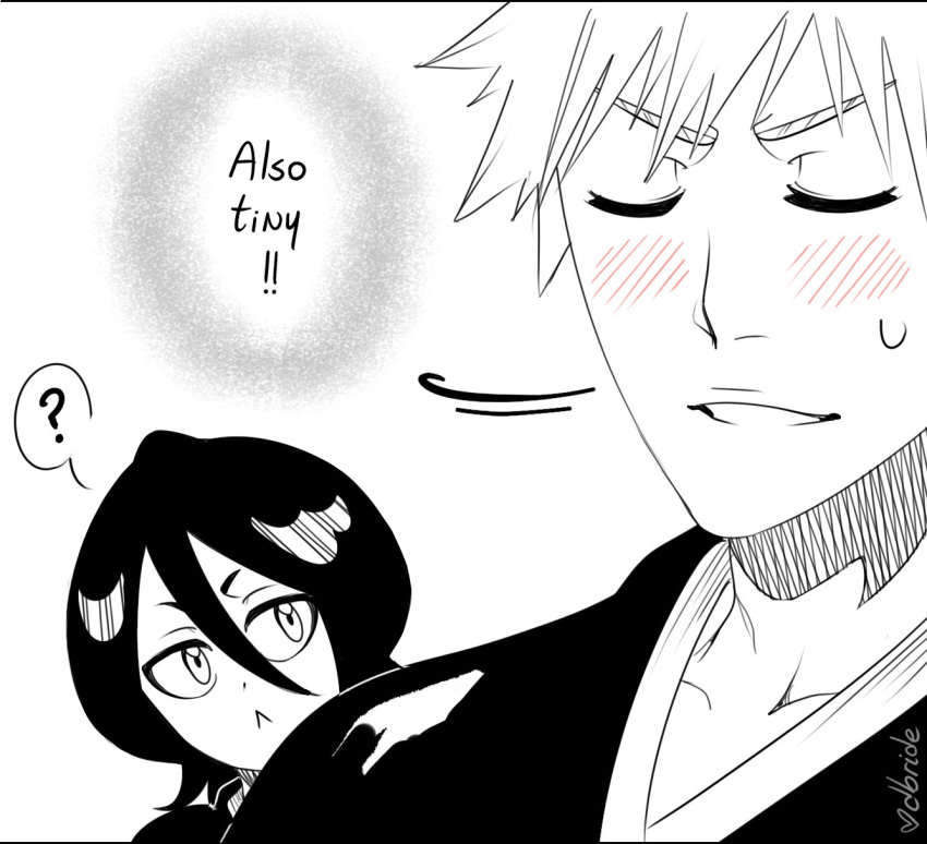 !! 1boy 1girl ? bleach blush closed_eyes collarbone dangerousbride english_text hair_between_eyes highres kuchiki_rukia kurosaki_ichigo looking_at_another medium_hair motion_lines speech_bubble sweatdrop thinking