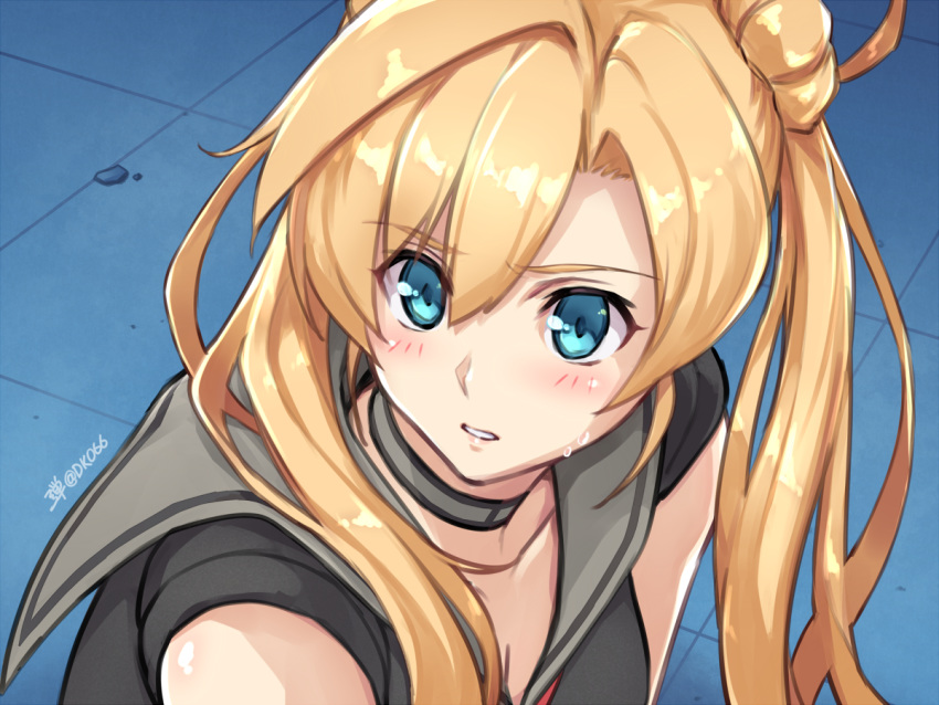 1girl abukuma_(kantai_collection) bangs bishoujo_senshi_sailor_moon black_choker blonde_hair blue_eyes blush breasts choker collarbone dan_(kumadan) derivative_work double_bun eyebrows_visible_through_hair hair_between_eyes hair_rings kantai_collection long_hair looking_at_viewer parted_lips remodel_(kantai_collection) sailor_collar sailor_moon_redraw_challenge screencap_redraw solo sweat twintails twitter_username upper_body