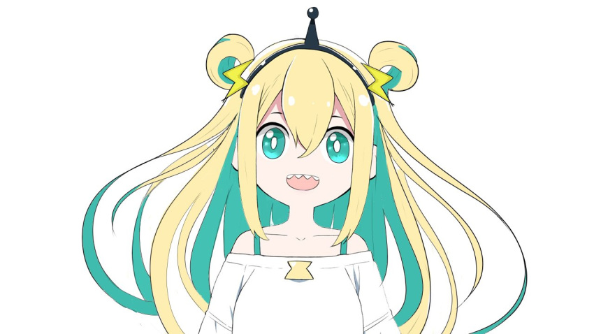 1girl :d alternate_hair_length alternate_hairstyle amano_pikamee blonde_hair bra bra_strap bright_pupils double_bun dress green_bra green_eyes green_hair gyari_(imagesdawn) hair_ornament hairband looking_at_viewer multicolored_hair official_art open_mouth sharp_teeth simple_background smile solo sweater sweater_dress teeth two-tone_hair underwear upper_body voms white_background white_sweater