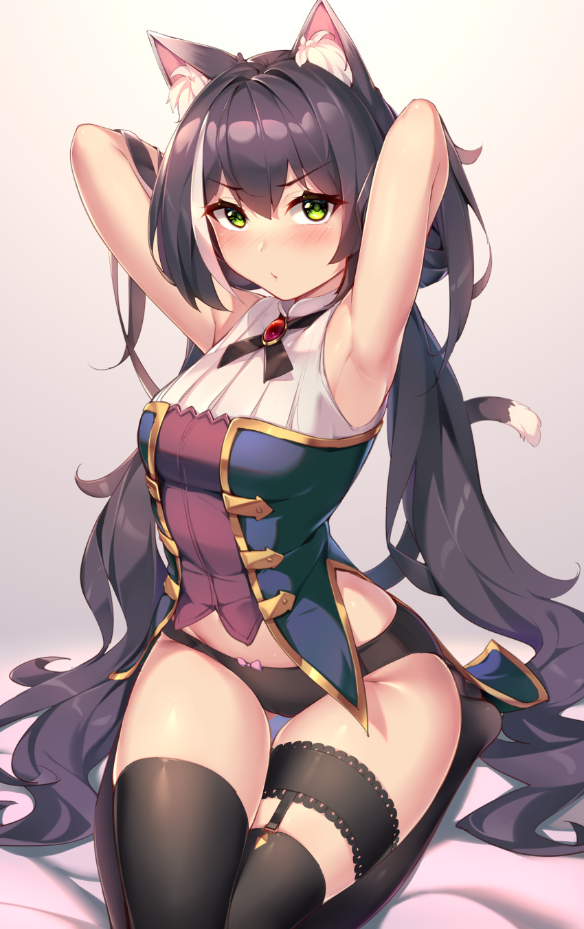 1girl absurdres animal_ear_fluff animal_ears armpits arms_behind_head arms_up bare_shoulders black_hair black_legwear black_neckwear black_panties bow bow_panties breasts brooch cat_ears cat_girl cat_tail frown gold_trim green_eyes highres jewelry karyl_(princess_connect!) long_hair looking_at_viewer low_twintails medium_breasts no_pants panties princess_connect! princess_connect!_re:dive sgt-jz shirt sitting sleeveless sleeveless_shirt solo tail thigh-highs thighs twintails underwear v-shaped_eyebrows very_long_hair