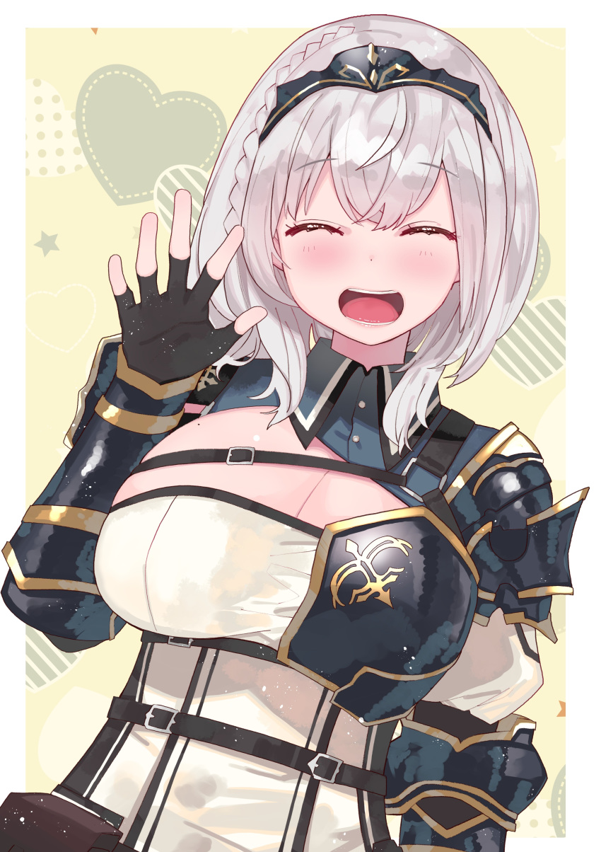 1girl :d ^_^ ^o^ absurdres ahoge armor belt_pouch black_gloves blue_shirt blush braid breasts closed_eyes commentary eyebrows_visible_through_hair fingerless_gloves gloves hair_between_eyes heart highres hololive large_breasts looking_at_viewer mole mole_on_breast open_mouth pouch shirogane_noel shirt short_hair shoulder_armor silver_hair smile solo strap tiara tonari_no_kai_keruberosu two-tone_shirt upper_body vambraces virtual_youtuber waving white_shirt wing_collar yellow_background