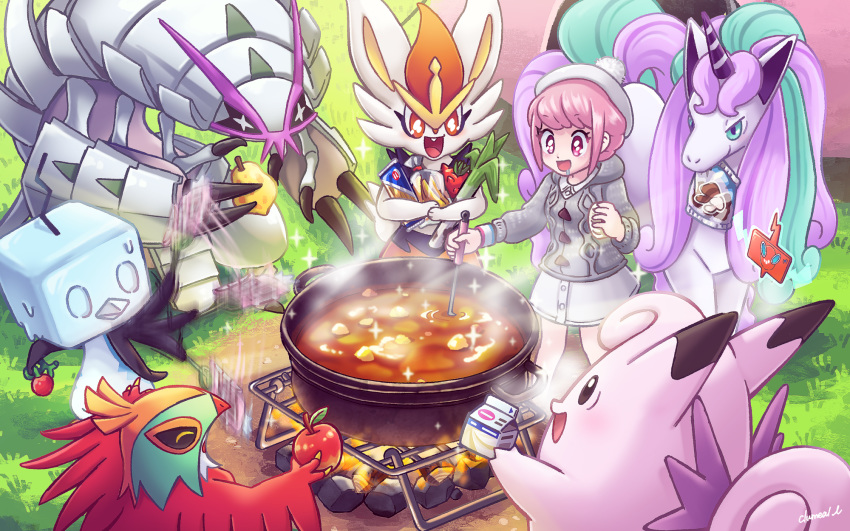 1girl :d apple artist_name aspear_berry buttons cardigan cheri_berry cinderace clefable clumeal collared_dress cooking curry dress drooling eiscue fanning fire food fruit galarian_form galarian_rapidash gen_1_pokemon gen_4_pokemon gen_6_pokemon gen_7_pokemon gen_8_pokemon golisopod grass grey_cardigan hawlucha highres holding holding_ladle ladle long_sleeves mushroom open_mouth outdoors pink_eyes pink_hair pokedex pokemon pokemon_(creature) pokemon_(game) pokemon_swsh pom_pom_(clothes) pot rock rotom rotom_dex saliva short_hair smile sparkle spring_onion standing steam tam_o'_shanter tamato_berry tent white_dress white_headwear wristband yuuri_(pokemon)