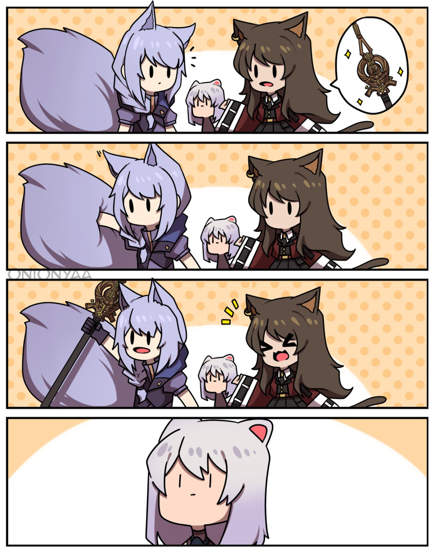 &gt;_&lt; 3girls animal_ears arknights braid brown_hair cat_ears cat_tail earrings highres jewelry large_tail mouse_ears multiple_girls notice_lines onionyaa provence_(arknights) purple_hair scavenger_(arknights) silver_hair single_braid skyfire_(arknights) staff tail wolf_ears wolf_tail