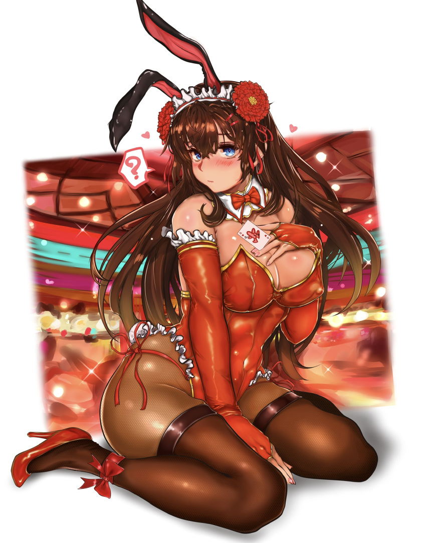 1girl ? alternate_costume animal_ears aratako_(crimson015) blue_eyes blush breasts brown_hair brown_legwear bunnysuit closed_mouth commentary_request elbow_gloves fate/grand_order fate_(series) fingerless_gloves flower gloves hair_between_eyes hair_flower hair_ornament hand_on_own_chest heart highres large_breasts leotard long_hair looking_at_viewer mata_hari_(fate/grand_order) pantyhose rabbit_ears red_gloves red_leotard sitting solo spoken_question_mark thighband_pantyhose wariza