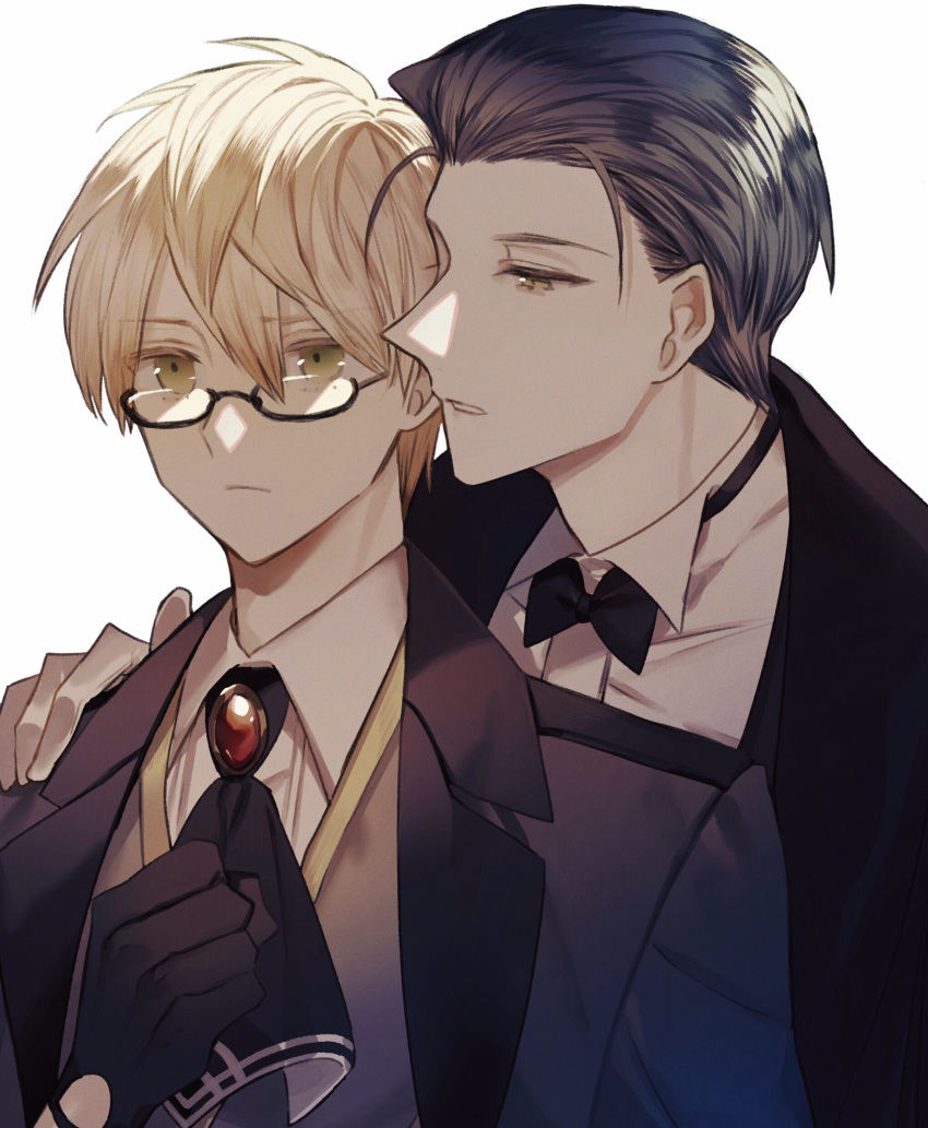 albino_(a1b1n0623) arm_up bangs black_hair black_sleeves blonde_hair coat collar expressionless fate/grand_order fate/prototype fate/prototype:_fragments_of_blue_and_silver fate_(series) formal gem glasses gloves gradient_hair green_eyes hand_on_another's_shoulder highres jekyll_and_hyde_(fate) long_sleeves looking_at_viewer male_focus miyano_mamoru multicolored_hair multiple_boys necktie open_mouth pointy_nose semi-rimless_eyewear sherlock_holmes_(fate/grand_order) shirt suit whispering white_background white_shirt