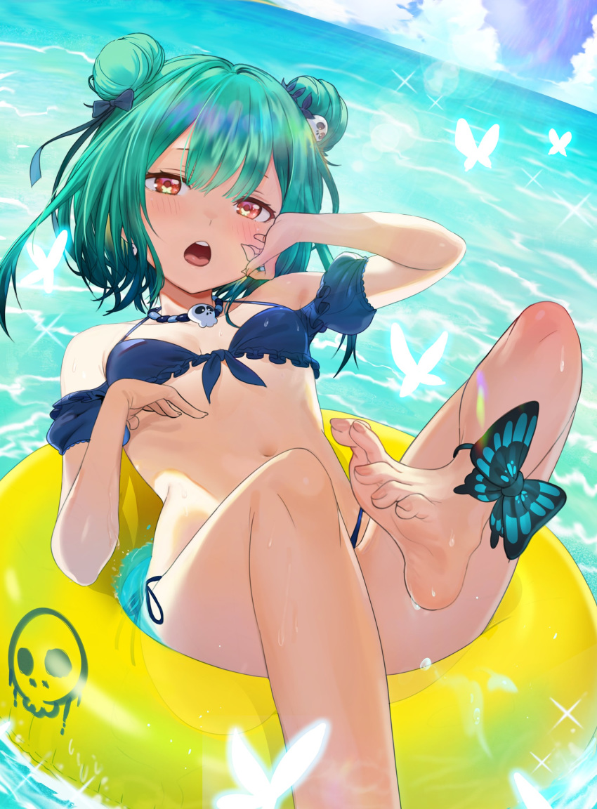 1girl :o absurdres arm_up bare_shoulders barefoot bikini blue_bikini blue_bow bow breasts bug butterfly choker day double_bun feet front-tie_bikini front-tie_top green_hair halterneck highres hololive innertube insect leg_up lens_flare looking_at_viewer navel off_shoulder open_mouth orange_eyes outdoors seicoh short_hair side-tie_bikini small_breasts solo stomach sunlight swimsuit uruha_rushia virtual_youtuber water wet