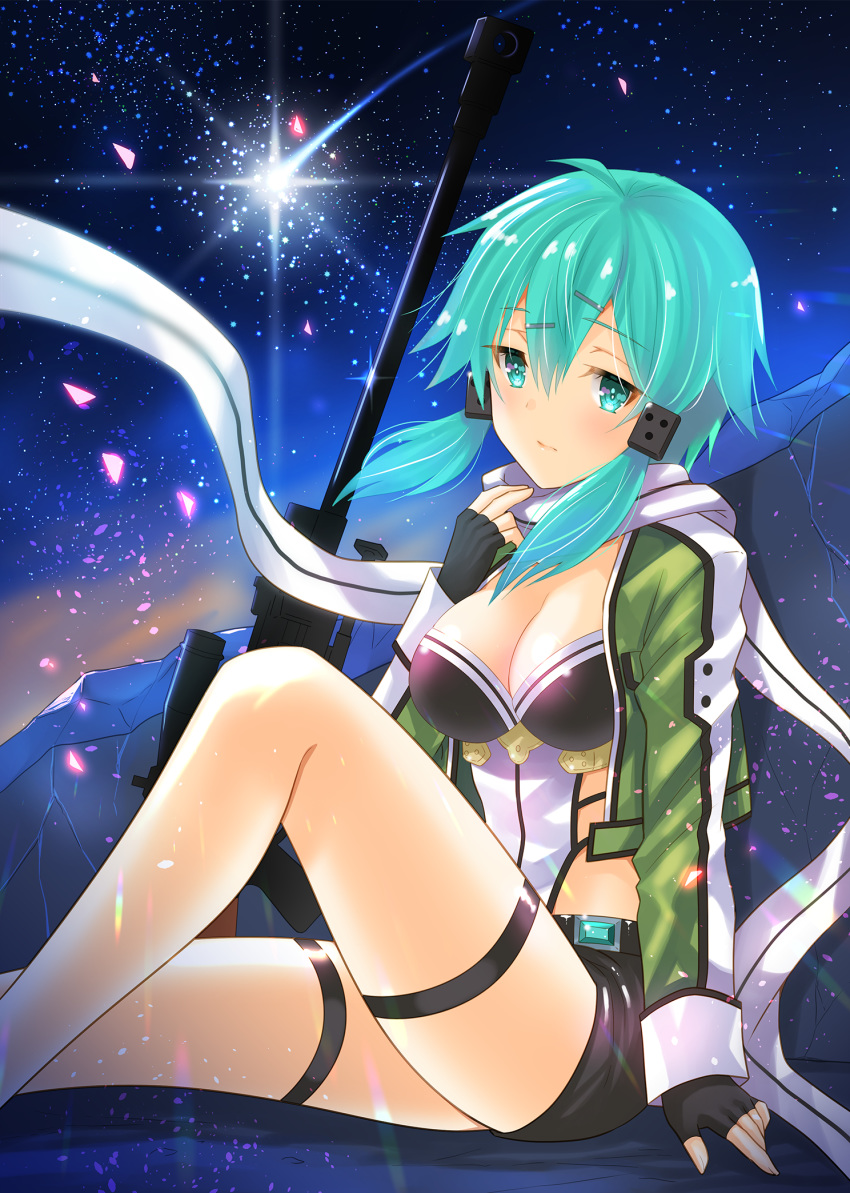 1girl aqua_eyes aqua_hair black_gloves black_shorts breasts commentary_request fingerless_gloves gloves gun hair_between_eyes hair_ornament hairclip highres looking_at_viewer night rifle scarf short_hair short_shorts shorts sinon sitting sky sniper_rifle solo star_(sky) starry_sky sword_art_online uonuma_yuu weapon