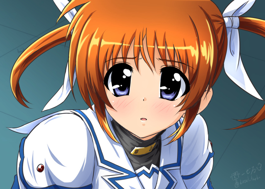 1girl :o bangs blush brown_hair diesel-turbo eyebrows_visible_through_hair hair_ribbon jacket juliet_sleeves long_sleeves lyrical_nanoha magical_girl mahou_shoujo_lyrical_nanoha medium_hair puffy_sleeves ribbon sailor_moon_redraw_challenge shiny shiny_hair sidelocks signature solo takamachi_nanoha tile_floor tiles twintails twitter_username upper_body violet_eyes