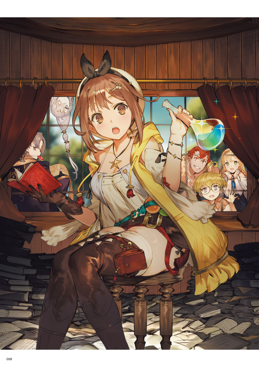 3boys 3girls atelier_(series) atelier_ryza bare_shoulders blonde_hair braid brown_eyes brown_hair curtains glasses gloves hair_ornament hair_ribbon hairclip hat highres hooded_vest jewelry lent_marslink long_hair looking_at_viewer multiple_boys multiple_girls necklace official_art pantyhose red_shorts redhead reisalin_stout ribbon short_hair short_shorts shorts shoulder_armor single_glove tao_mongarten thigh-highs thighhighs_under_boots toridamono white_legwear window