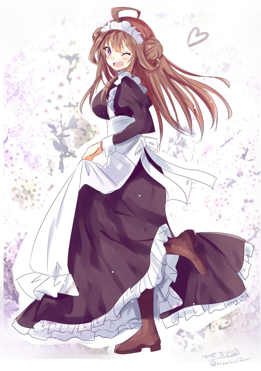 1girl apron blush boots breasts brown_footwear brown_hair cherry_blossoms double_bun dress eyebrows_visible_through_hair frills full_body gradient gradient_background hairband heart highres hizaka kantai_collection kongou_(kantai_collection) large_breasts long_dress long_hair long_sleeves looking_at_viewer maid maid_apron maid_dress maid_headdress open_mouth smile solo thigh-highs thigh_boots twitter_username victorian_maid violet_eyes