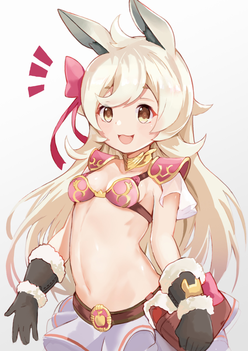 1girl :d absurdres animal_ears armor bangs bikini_armor black_gloves bow breasts brown_eyes eyebrows_visible_through_hair fur-trimmed_gloves fur_trim gloves gradient gradient_background grey_background hair_bow highres light_brown_hair long_hair navel notice_lines open_mouth pauldrons piliheros2000 pleated_skirt princess_connect! princess_connect!_re:dive red_bow rima_(princess_connect!) see-through skirt small_breasts smile solo very_long_hair white_background white_skirt