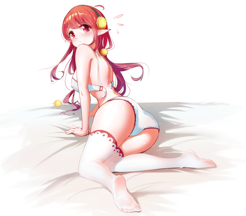 1girl absurdres alicetrina ass bra breasts dungeon_and_fighter elf feet highres long_hair looking_at_viewer no_shoes panties pantyhose pointy_ears red_eyes redhead socks soles solo thigh-highs underwear white_bra white_legwear white_panties