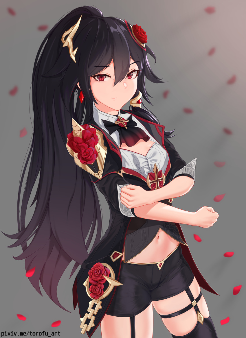 1girl absurdres bangs belly black_dress black_hair breasts clenched_hands dress eyebrows_visible_through_hair flower fu_hua garter_straps hair_between_eyes hair_flower hair_ornament highres honkai_(series) honkai_impact_3rd long_hair long_sleeves looking_at_viewer navel ponytail red_eyes red_flower rose small_breasts smile solo thigh-highs thighs torofu