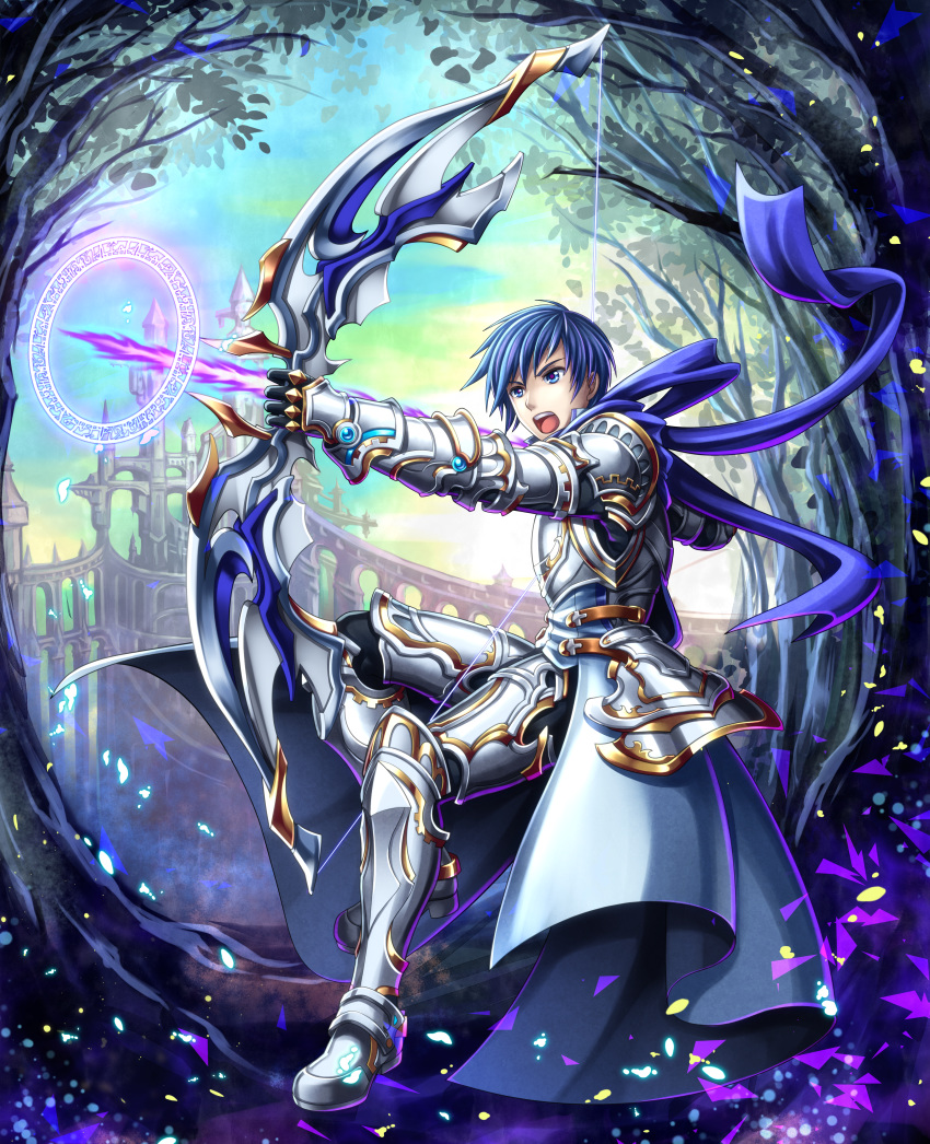 1boy absurdres armor arrow_(projectile) blue_eyes blue_hair blue_scarf bow_(weapon) commentary drawing_bow fantasy from_side highres holding holding_bow_(weapon) holding_weapon huge_filesize kaito knight magic magic_circle male_focus open_mouth petals scarf solo takaha_a_z tree vocaloid weapon
