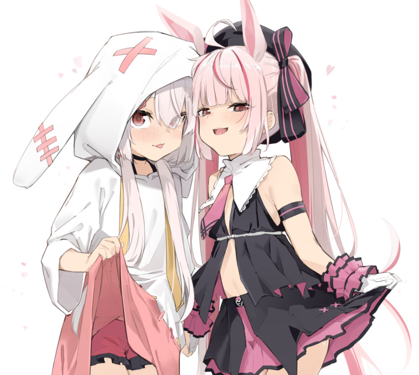 2girls :p ahoge animal_ears black_legwear black_shirt choker collar dress dress_lift dual_persona face-to-face fake_animal_ears hat hood lifted_by_self long_hair low_twintails multiple_girls necktie open_mouth pink_eyes pink_hair rabbit_ears red_neckwear red_shorts red_skirt ribbon shirt short_shorts shorts shorts_under_dress skirt skirt_lift sleeveless sleeveless_shirt smile tomari_mari tomari_mari_channel tongue tongue_out twintails uno_ryoku virtual_youtuber white_collar white_dress