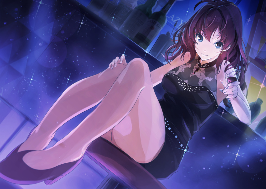 1girl ahoge bar_stool black_dress black_footwear blue_eyes bottle breasts brown_hair commentary_request crazy_crazy_(idolmaster) cup dress drinking_glass from_below hair_between_eyes highres holding holding_cup ichinose_shiki idolmaster idolmaster_cinderella_girls large_breasts lazy_lazy_(idolmaster) long_hair looking_at_viewer messy_hair short_dress sitting sleeveless sleeveless_dress smile solo stool yanasan_0873