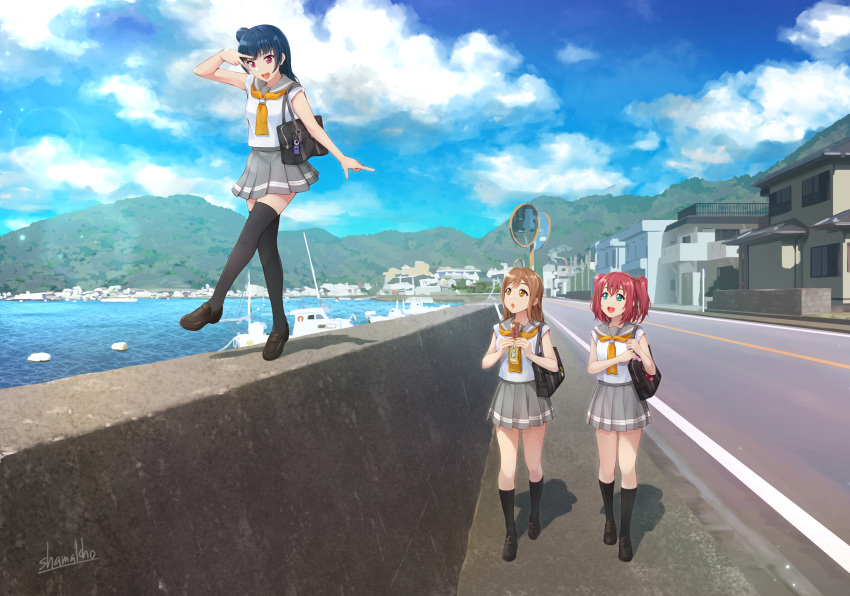 3girls :d :o bag bag_charm bangs black_legwear blue_sky blunt_bangs boat bread brown_footwear building charm_(object) clouds concrete dark_blue_hair food green_eyes grey_skirt highres holding holding_food holding_strap house kneehighs kunikida_hanamaru kurosawa_ruby lens_flare light_brown_hair loafers long_hair looking_at_another love_live! love_live!_school_idol_project love_live!_sunshine!! mary_janes miniskirt mountainous_horizon multiple_girls neckerchief ocean on_wall open_mouth outdoors pink_hair pleated_skirt red_eyes road road_sign sailor_collar school_bag school_uniform shamakho shoes short_sleeves side_bun sidewalk sign signature skirt sky smile street sunlight thigh-highs tie_clip traffic_mirror tsushima_yoshiko two_side_up v v_over_eye walking wall water watercraft yellow_eyes yellow_neckwear zettai_ryouiki