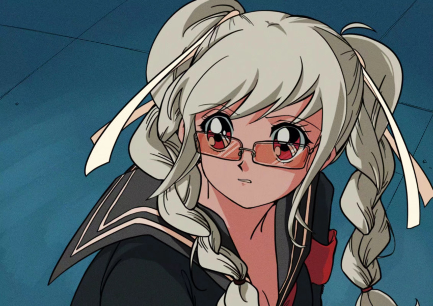 1990s_(style) 1girl armband bishoujo_senshi_sailor_moon braid clenched_teeth dangan_ronpa derivative_work glasses hair_ribbon highres kawatooo looking_to_the_side looking_up mitsuishi_kotono pekoyama_peko red_eyes ribbon sailor_moon_redraw_challenge school_uniform screencap_redraw seiyuu_connection serafuku solo teeth white_hair