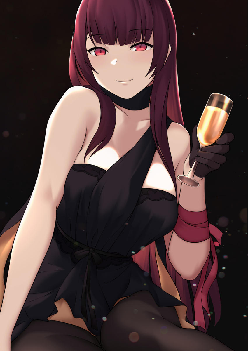 1girl bangs bare_shoulders black_background black_dress black_gloves black_legwear blush breasts bushidokuroi choker collarbone cup dress drinking_glass girls_frontline gloves highres large_breasts long_hair looking_at_viewer purple_hair red_eyes smile thigh-highs wa2000_(girls_frontline)