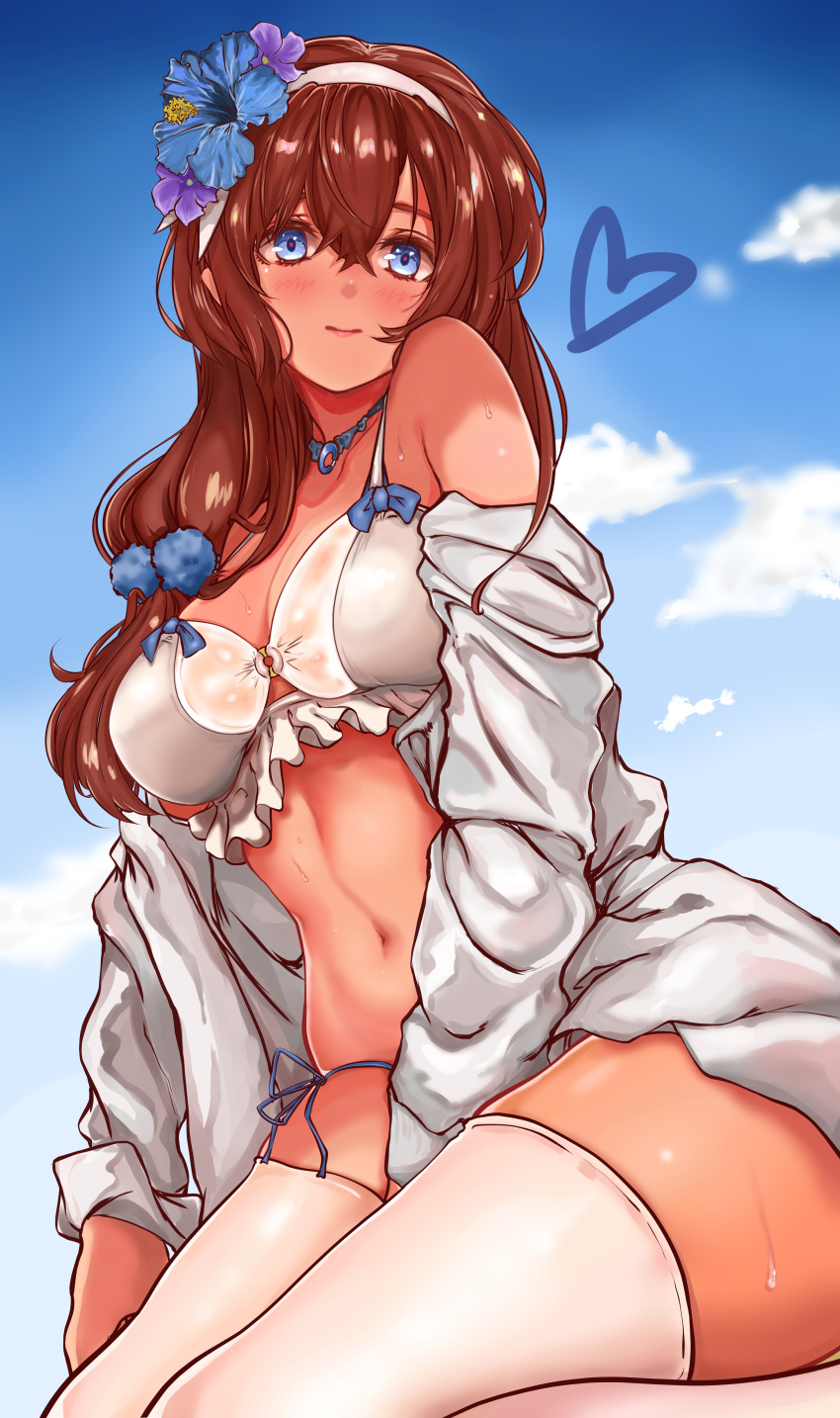 1girl absurdres aratako_(crimson015) bangs bare_shoulders bikini blue_eyes blue_sky blush breasts brown_hair closed_mouth collarbone commentary_request fate/grand_order fate_(series) flower hair_flower hair_ornament hairband highres jacket jewelry large_breasts long_hair long_sleeves looking_at_viewer mata_hari_(fate/grand_order) navel necklace off_shoulder open_clothes open_jacket sitting sky smile swimsuit thigh-highs thighs wariza white_bikini white_jacket white_legwear