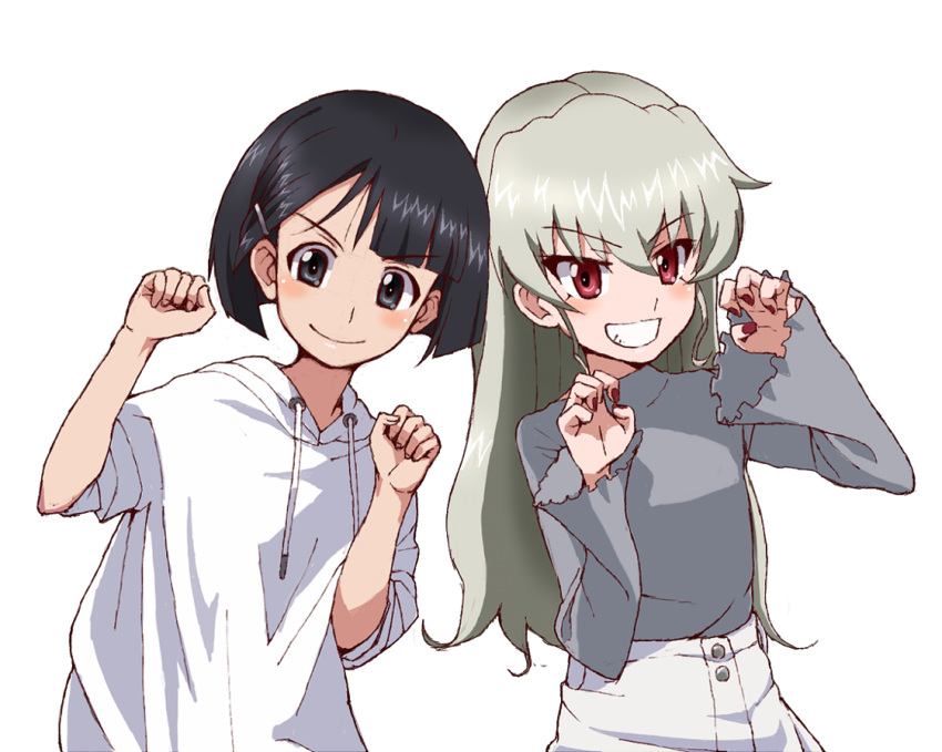 1girl alternate_hairstyle anchovy_(girls_und_panzer) bangs blunt_bangs blunt_ends bob_cut claw_pose coco's commentary drawstring eyebrows_visible_through_hair girls_und_panzer green_hair grey_shirt grin hair_down hair_ornament hairclip hood hood_down hoodie izawa_shiori kayabakoro leaning_to_the_side long_hair long_sleeves looking_at_viewer nail_polish paw_pose red_eyes red_nails shirt short_sleeves side-by-side simple_background skirt smile solo sono_midoriko standing white_background white_skirt yoshioka_maya