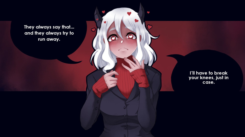 1girl bangs blush closed_mouth commentary demon_horns english_commentary english_text fingernails grey_jacket hair_between_eyes hand_up hands_up heart heart-shaped_pupils helltaker highres horns jacket long_sleeves looking_at_viewer medium_hair modeus_(helltaker) red_sweater seityr sleeves_past_wrists solo speech_bubble sweater symbol-shaped_pupils upper_body white_hair yandere yandere_trance